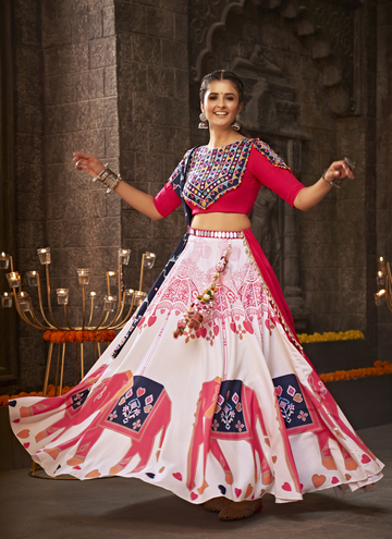 White Printed Work Rayon Material Navratri Chaniya Choli